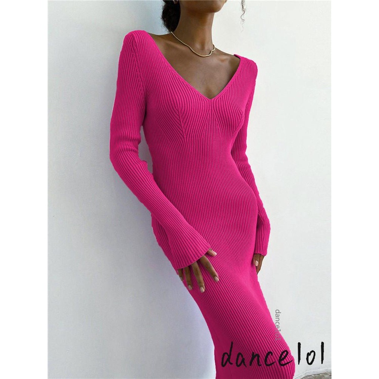 Đầm Dự TiệC Cổ Chữ V Tay DàI MàU Trơn Cho Nữ 1O1