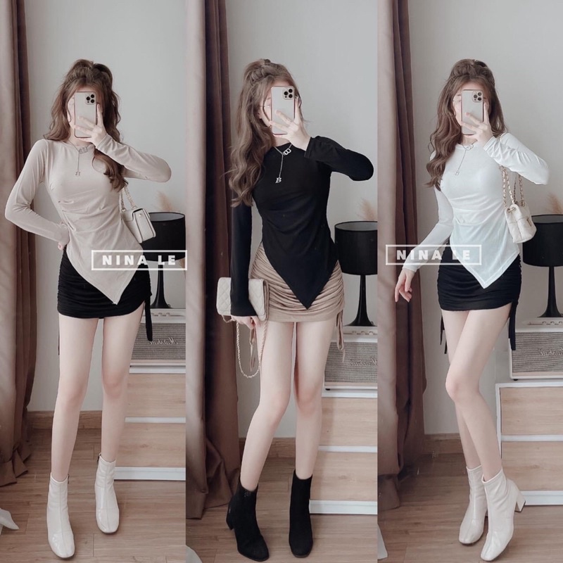 Áo Tay Dài Cổ Tròn Nhún Eo Cực Xinh, Áo Croptop Vạt Dài