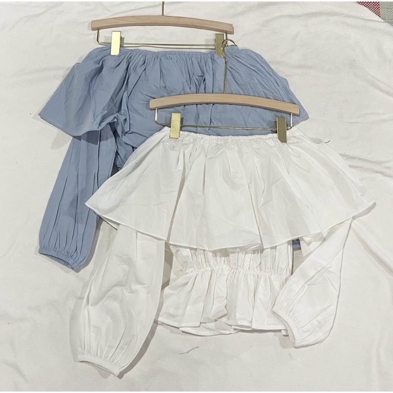 Áo sơ mi bèo trễ vai chun eo siêu xinh bánh bèo 2 màu trắng xanh