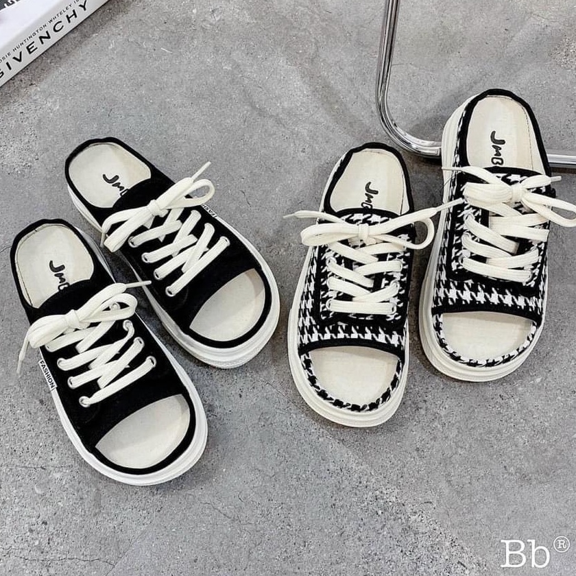 Dép sục nữ hở mũi hai màu cơ bản đen và caro chuẩn size 35-39