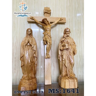 Bộ tượng Chúa chịu nạn bằng gỗ pơmu | tượng đức mẹ ban ơn + ông thánh giuse thợ + thánh giá để bàn thờ Công Giáo