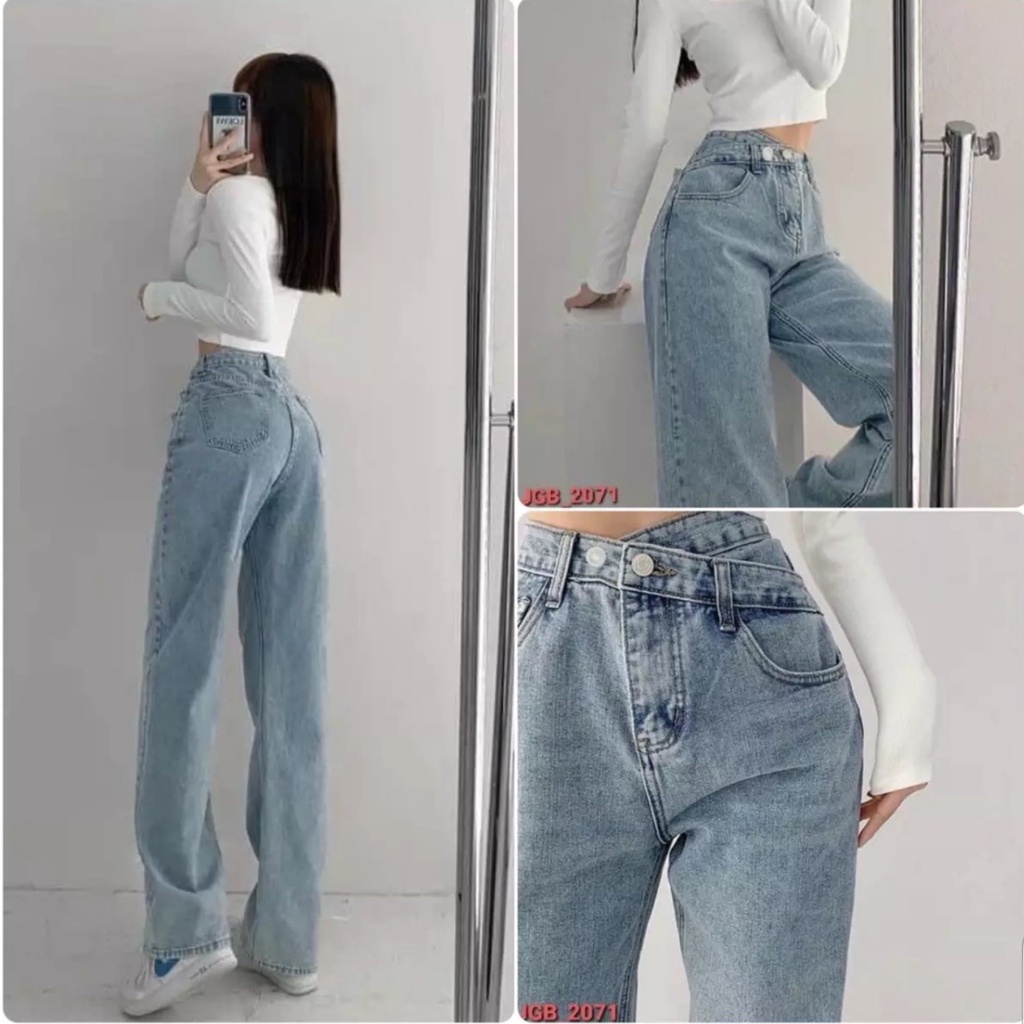 Quần jean nữ FLAKY SHOP cao cấp - Quần jean ống rộng dáng phối đai lạ mắt phong cách cá tính | BigBuy360 - bigbuy360.vn