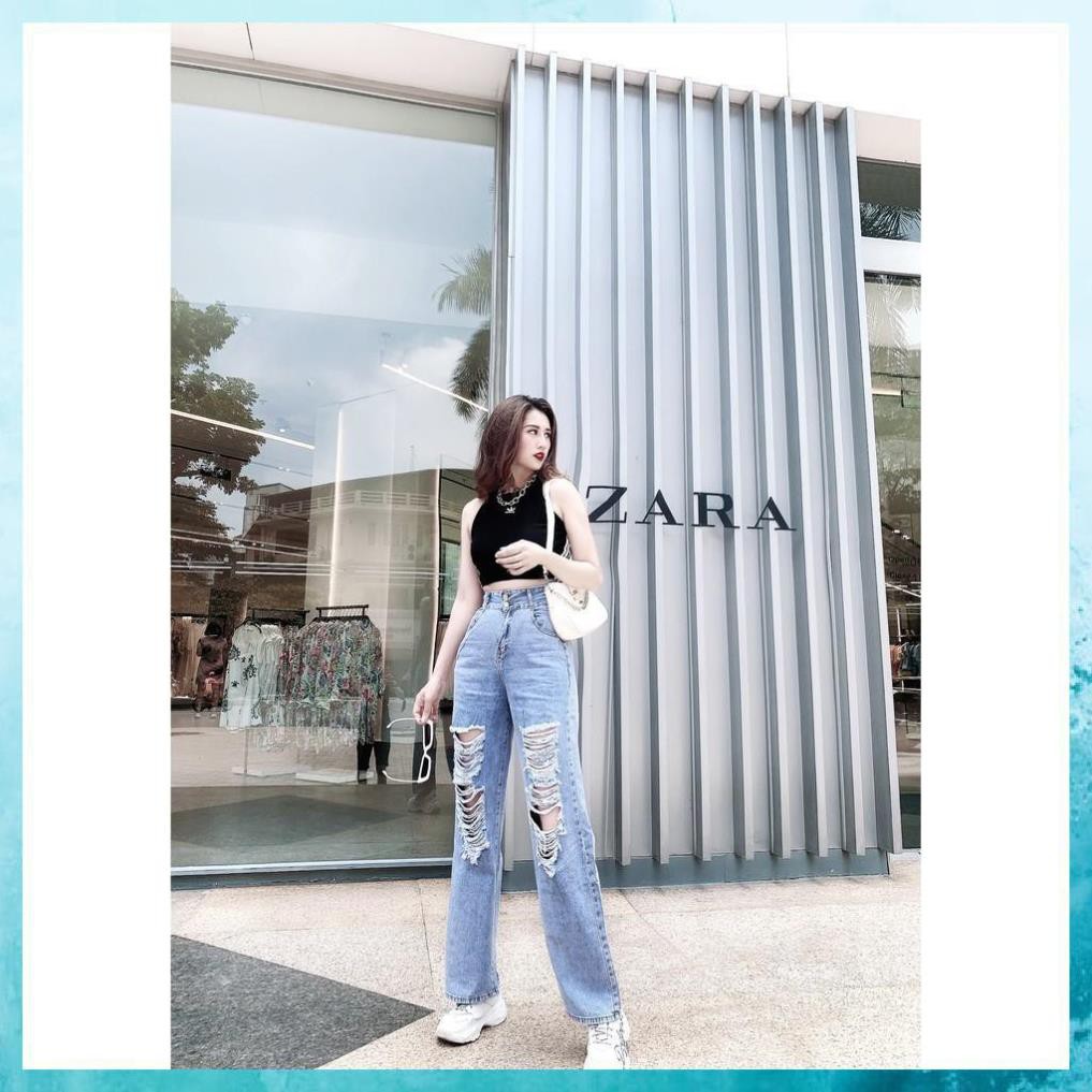 [TH Jeans] Quần bò dài rách dáng suông, quần jeans lưng cao túi chéo 2 khuy. Mã D3160