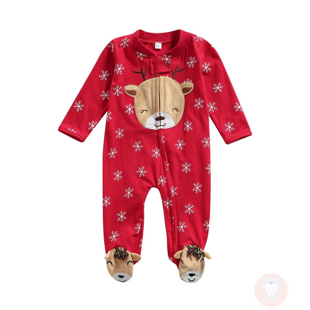 Áo Liền Quần Tay Dài Cổ Chữ V Thêu Hình Bông Tuyết Giáng Sinh Cho Bé Sơ Sinh LAA6