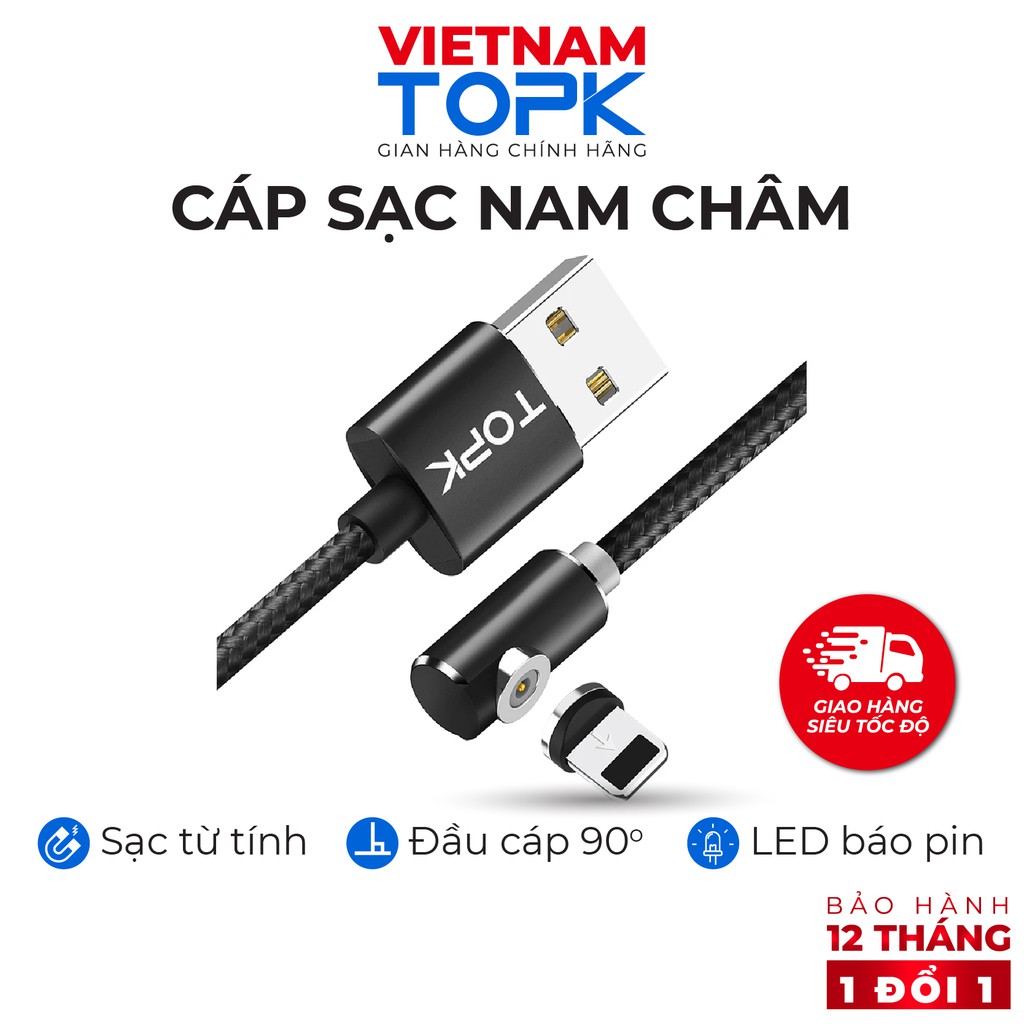 Dây sạc nam châm TOPK AM51 - Đầu vuông góc có đèn LED Hàng Bảo hành 12 tháng