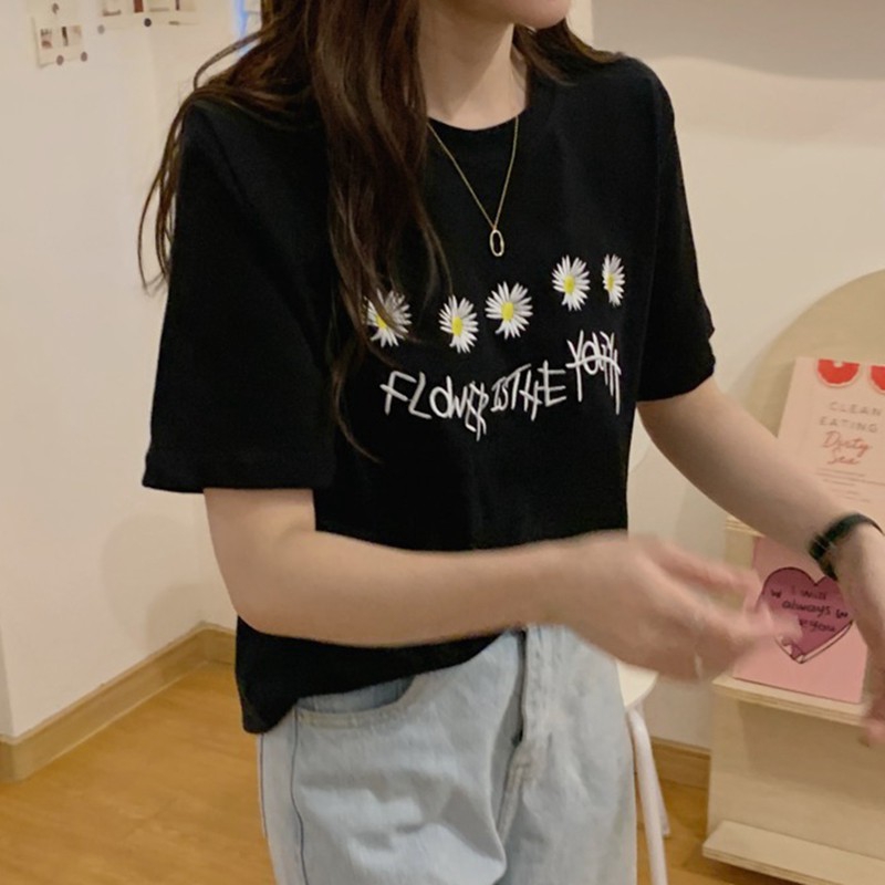 [Baywellfashion]Women Summer Crew Neck College Wind Short Sleeve Floral Daisy Print Loose T-Shirt | BigBuy360 - bigbuy360.vn