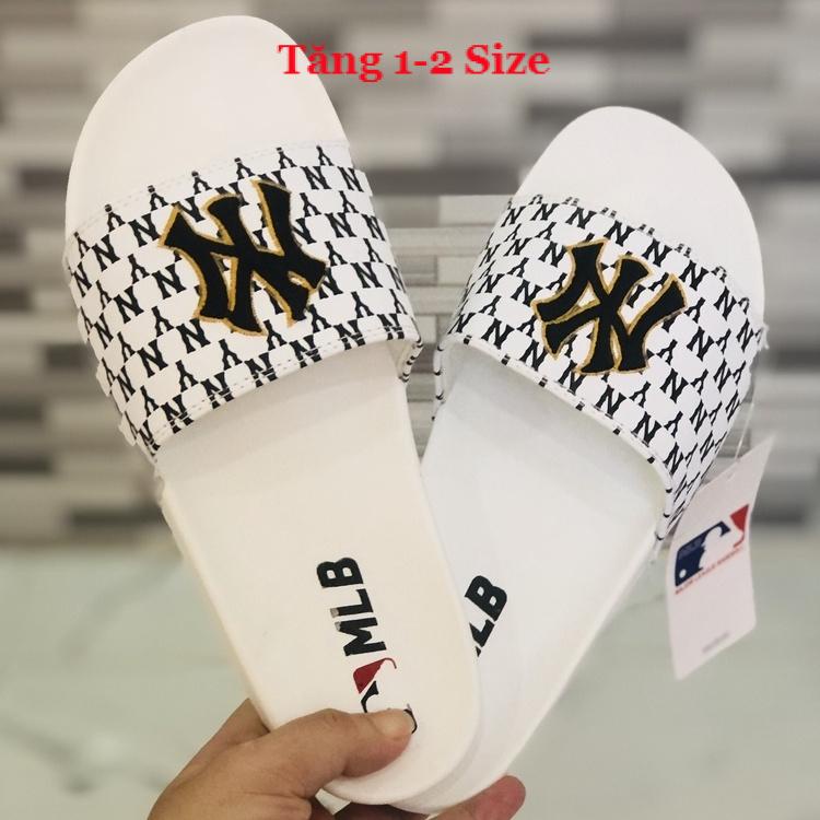 Dép unisex 𝐌𝐋𝐁 𝗡𝗬 ❤️FREESHIP + Hộp❤️ dép mlb ny bóng chày quai ngang thể thao nam nữ Thêu nỗi NY-NY D.GV-trắng-chữ-đen