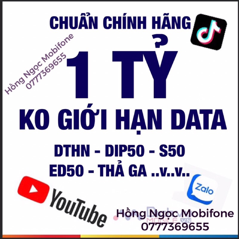 SIM Mobi MAX KO GIỚI HẠN DATA CÁC GÓI Y60 - DTHN - S50 - DIP50 - BL5GT - THAGA