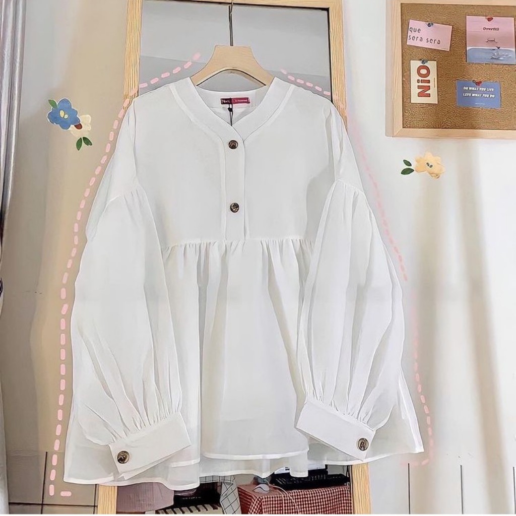 Áo babydoll voan tơ tay bồng nút giả gỗ cực xinh cho nữ, phong cách Hàn Quốc (ảnh thật)- Hàng có sẵn