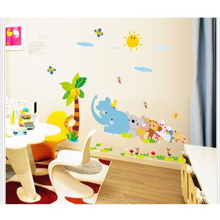 Decal dán tường cho bé khỉ con voi con, tranh đề can dán tường cho bé AY7261