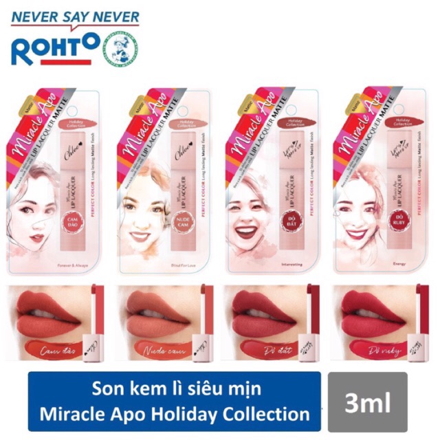 Son kem lì đẹp không vỏ- Miracle Apo Laquer Holiday đủ màu: Matte Cam đào, Matte đỏ đất, Matte đỏ Ruby, Matte Nude cam