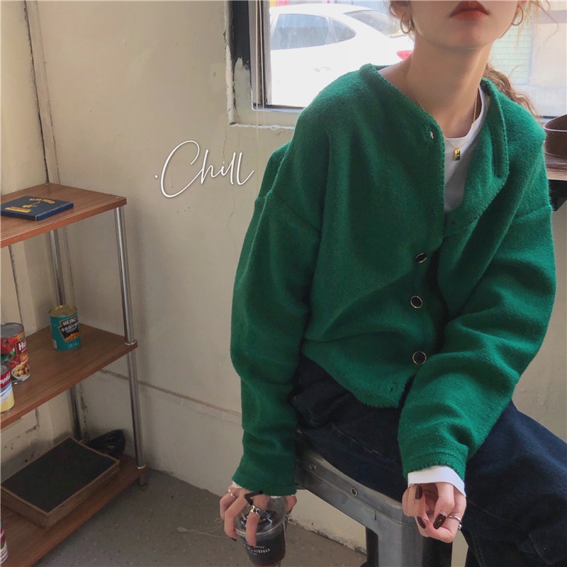 Áo Khoác Len Cardigan Tay Dài Dáng Rộng Màu Xanh Lá