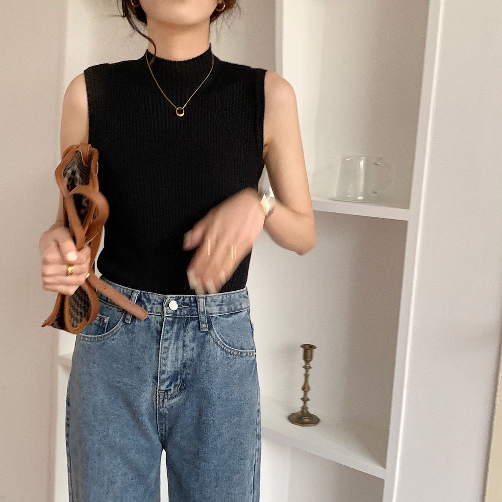 Áo Dệt Kim Sát Nách Màu Sắc Đơn Giản Phong Cách Hàn Quốc