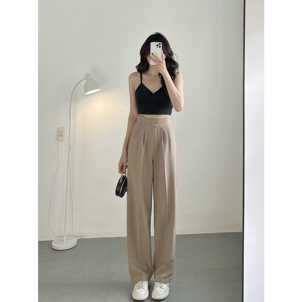 Quần Cotton nữ ống suông HHVINTAGE kiểu lưng cao 2 nút cotton Hàn co giãn A01