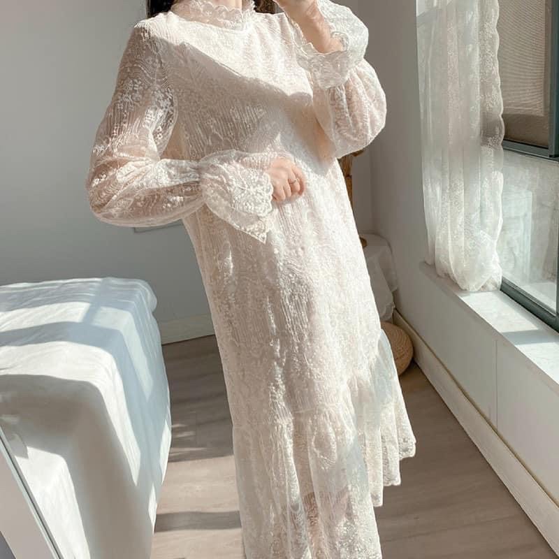 Váy ren trắng tiểu thư hàng quảng châu