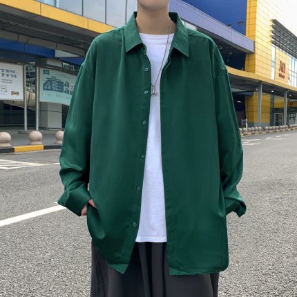 Áo sơ mi nam nữ dài tay giấu khuy xanh lá đậm unisex form rộng MANTO FASHION ASM41