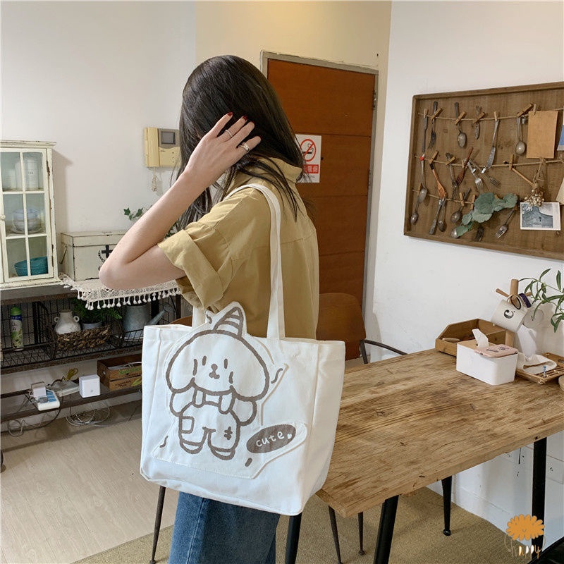 Túi canvas đeo chéo cỡ lớn in hình chú chó đơn giản thời trang dành cho học sinh