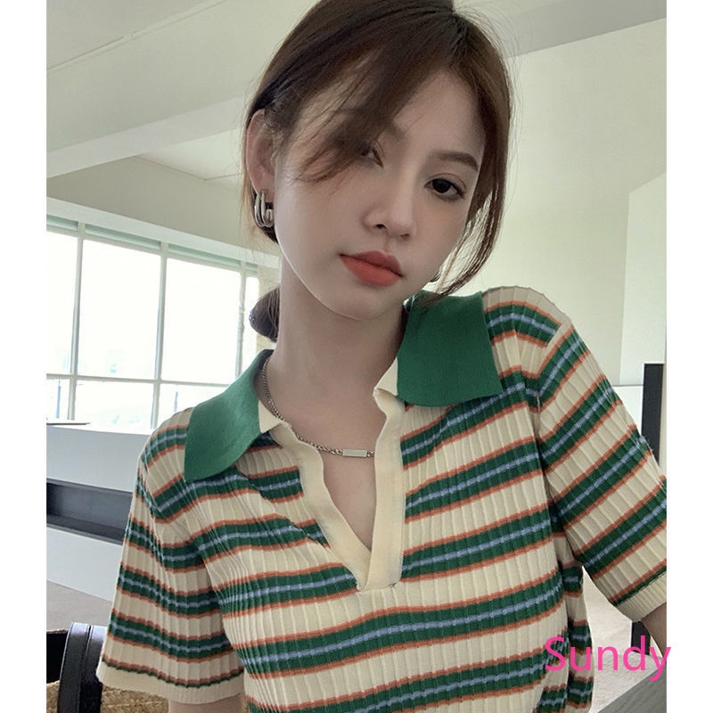 Áo Sơ Mi Dệt Kim Cổ Polo Họa Tiết Kẻ Sọc Thời Trang Mùa Hè Có Size Lớn Cho Nữ