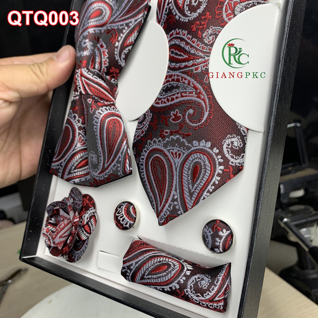 Set cà vạt họa tiết + măng séc + khăn cài áo sang trọng + nơ  họa tiết gấm trắng Giangpkc qtp001