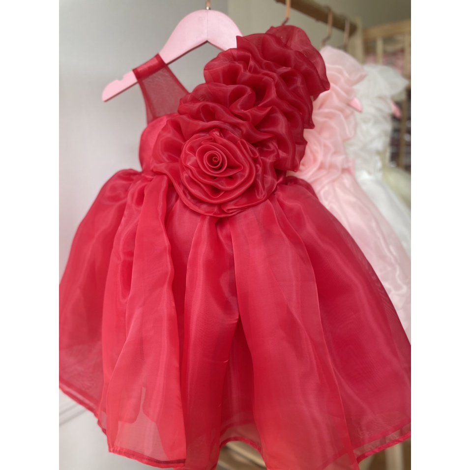 Váy công chúa, đầm công chúa cho bé gái thiết kế hoa hồng màu đỏ trên ngực trái cho bé từ 1 đến 10 tuổi 8kg đến 35kg