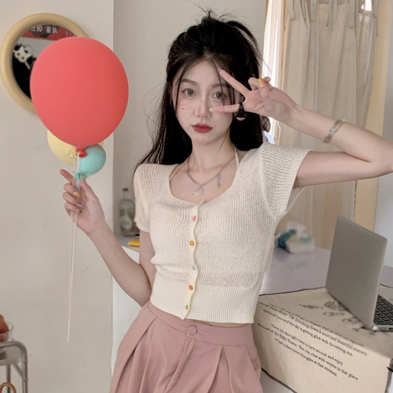 Áo Croptop Dệt Kim Tay Ngắn Cổ Vuông Màu Sắc Trơn Phong Cách Hàn Quốc Thời Trang Mùa Hè Cho Nữ