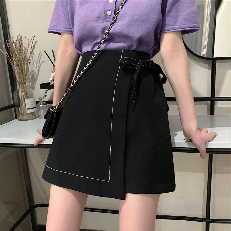 Chân váy chữ A cạp cao trơn chỉ nổi có nơ buộc ngắn nữ eo cao ôm dáng