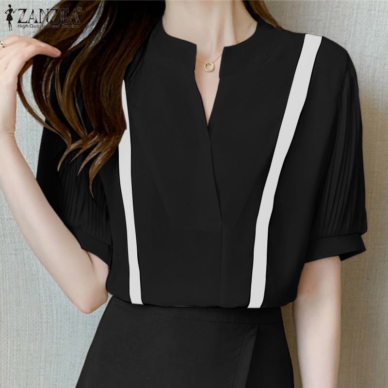 Áo kiểu ZANZEA tay lửng cổ chữ v xếp ly phong cách Hàn Quốc dễ phối đồ cho nữ