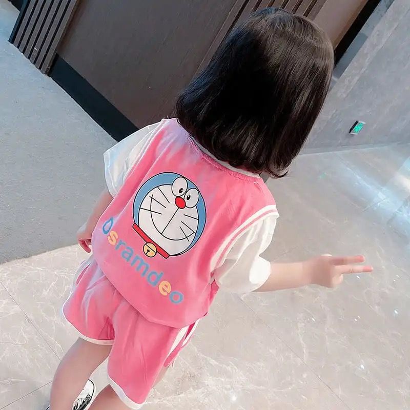 Bộ Áo Thun Ngắn Tay In Hoạt Hình + Quần Short Thời Trang Mùa Hè Hàn Quốc 2023 Cho Bé Gái