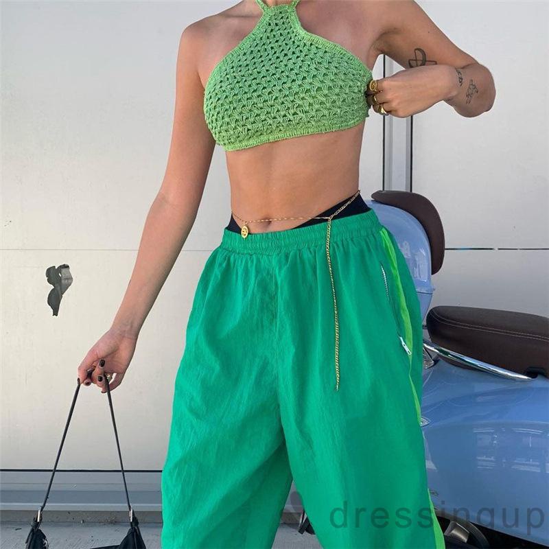 DRE-Women Summer Camisole,Halter Crochet Backless Tie-Up Short Solid Color Summer Slim Green Tops