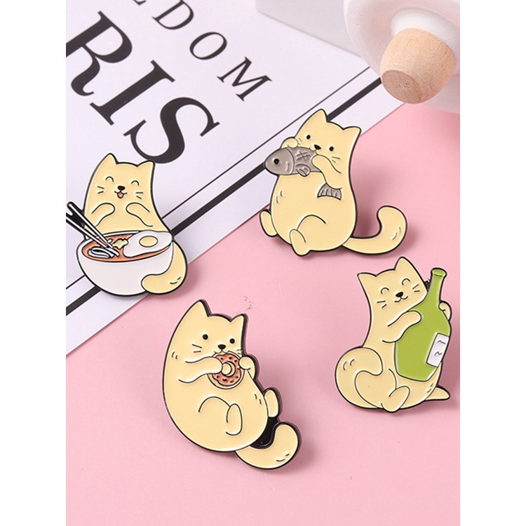 Huy hiệu cài áo hình chú mèo ăn bánh donut dễ thương