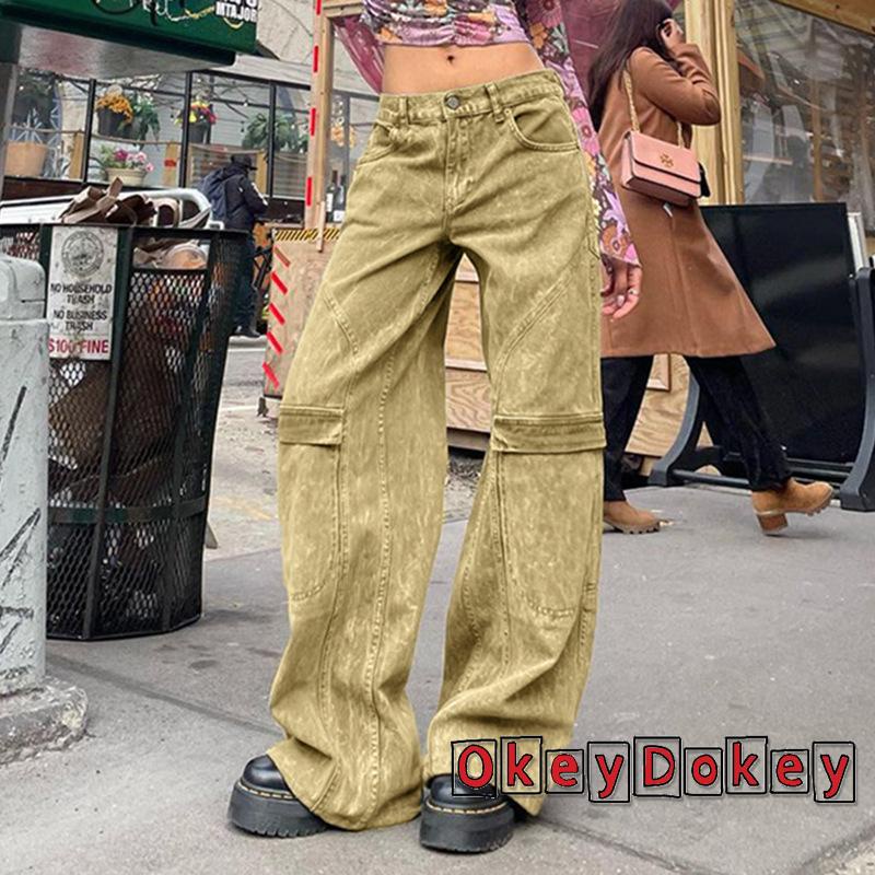 Odokey Quần Baggy Lưng Thấp Phối Túi Phong Cách Vintage Cho Nữ