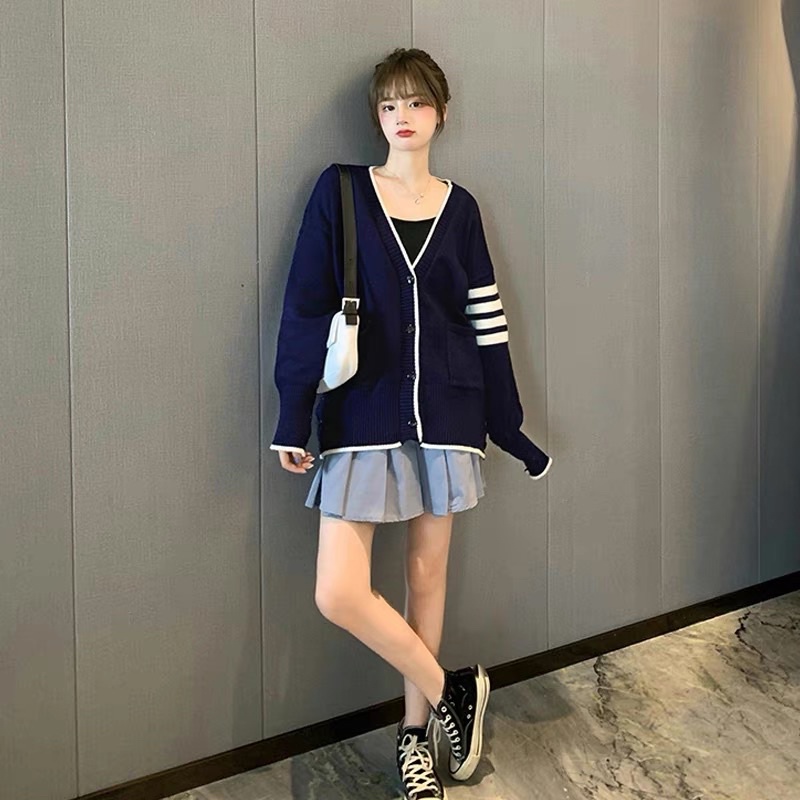 Áo khoác cardigan len dệt kim mềm mịn viền sọc cài khuy style Hàn