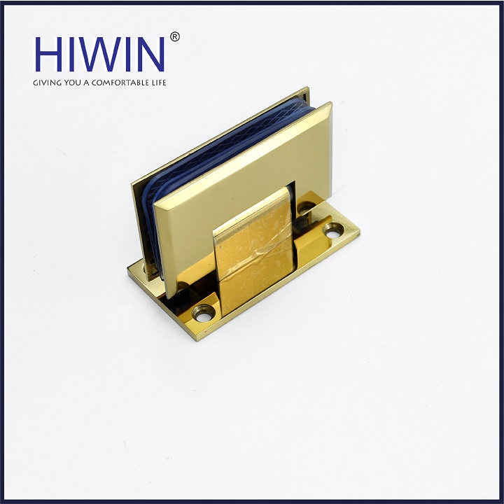 Bản lề phòng tắm kính 90 độ kính tường đế cân cạnh vát inox 304 mạ vàng HIWIN HG-005G