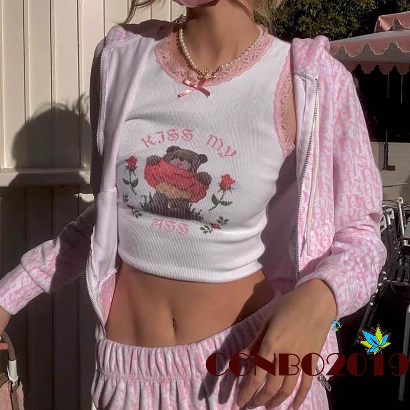 Áo Tank Top Không Tay Cổ Tròn Phối Ren Họa Tiết Gấu Hoạt Hình Thời Trang Mùa Hè Cho Nữ