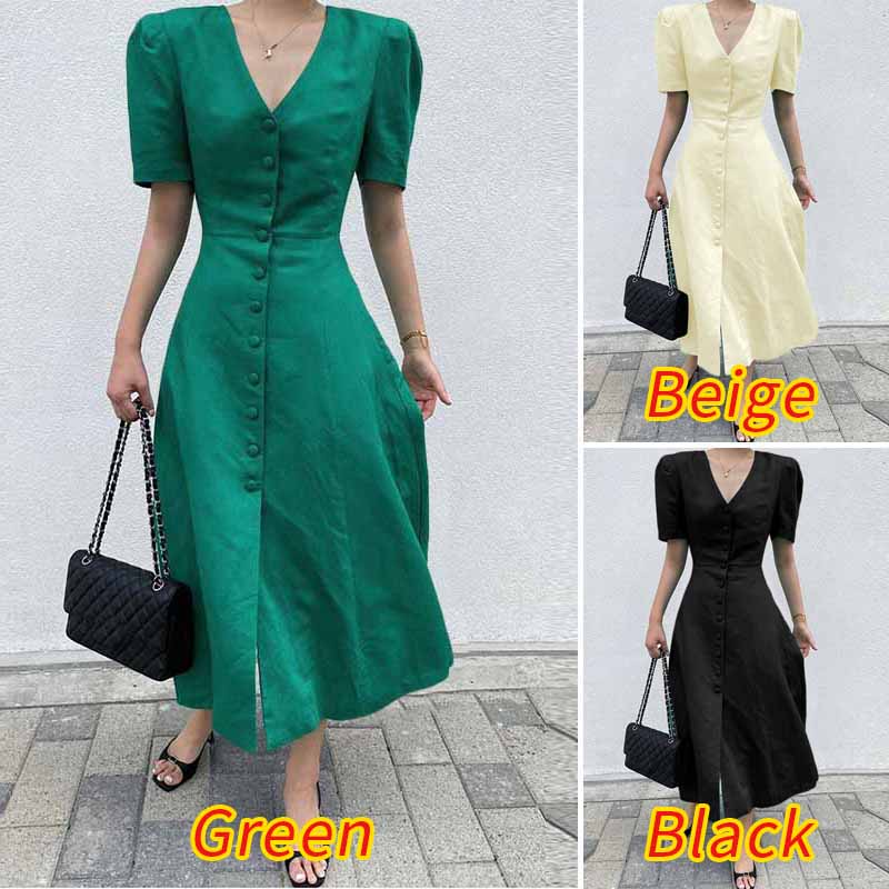 Đầm dài ZANZEA tay ngắn phồng cổ chữ V phong cách Hàn Quốc thời trang cho nữ