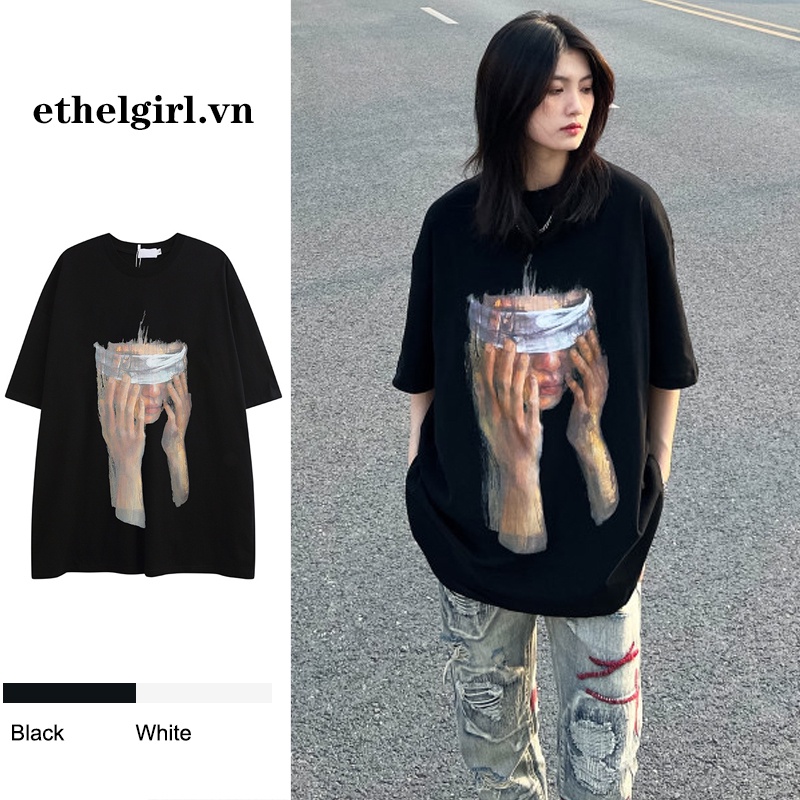 Áo Thun Nữ Ngắn Tay Cổ Tròn Form Rộng In Hình Chân Dung Phong Cách retro