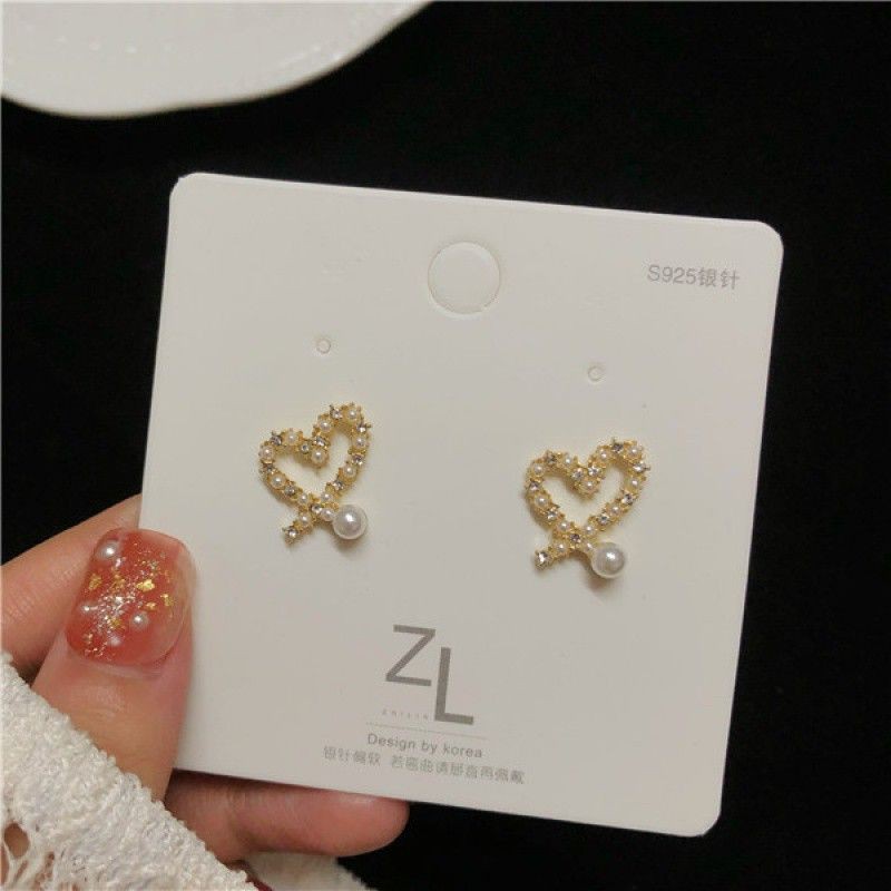 Khuyên tai bạc S925 - Hoa tai nữ bạc S925 hình tim đính đá hạt trai nhân tạo phong cách Hàn Quốc ZaZa.accessories KT8036