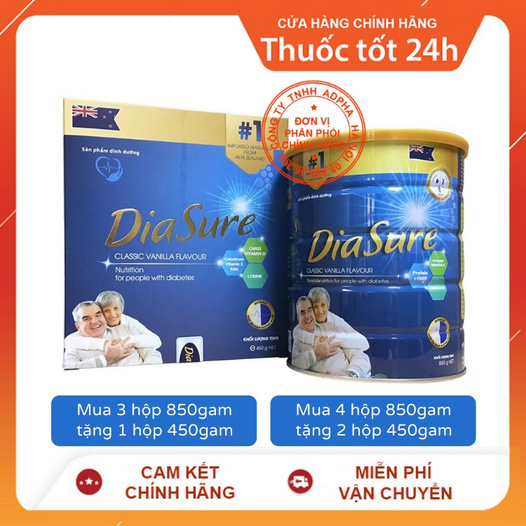 Sữa DiaSure 850g (HỘP 34 gói hoặc LON) - Dinh dưỡng dành cho người tiểu đường