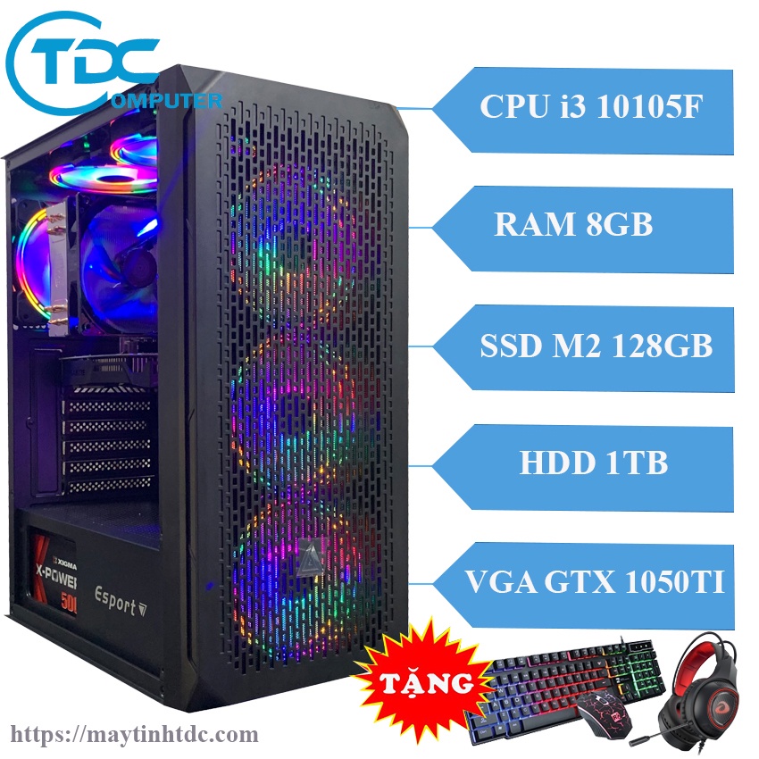 Máy tính chơi game PC Gaming cấu hình khủng CPU core i3 10105F, Ram 8GB,SSD M2 128GB, HDD 1TB Card 1050TI + QUÀ TẶNG