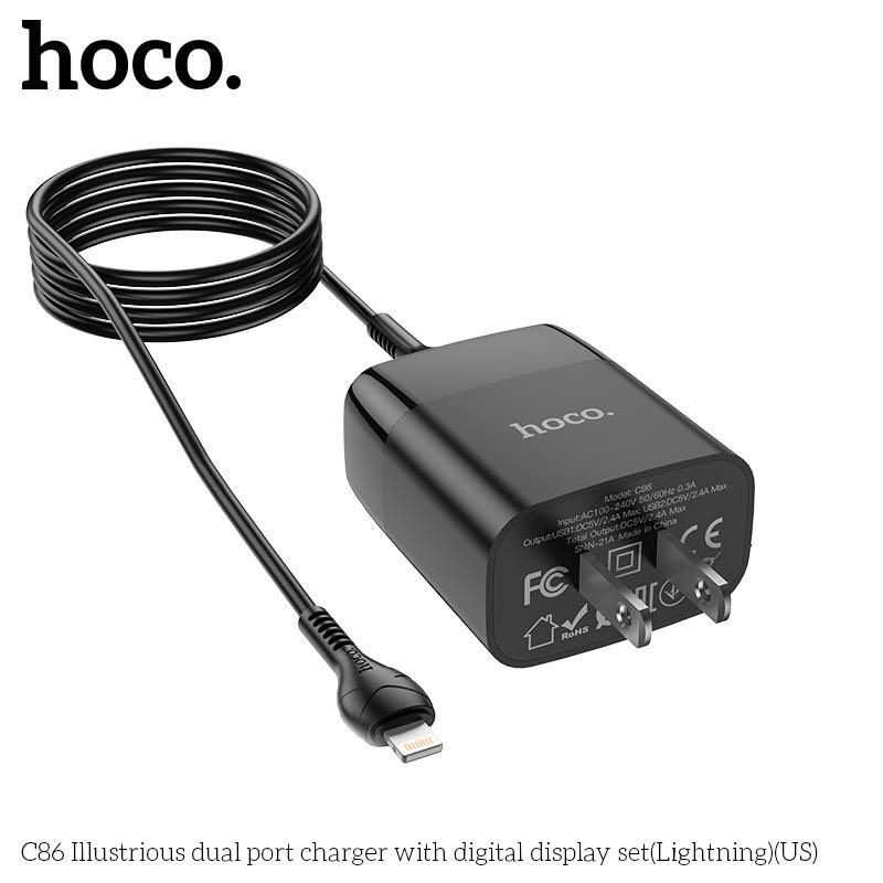 Củ sạc nhanh iPhone Hoco C86 / C86A, cốc sạc nhanh Samsung có 2 cổng USB với đèn LED báo, dòng áp ra 5V-2.4A max 12W