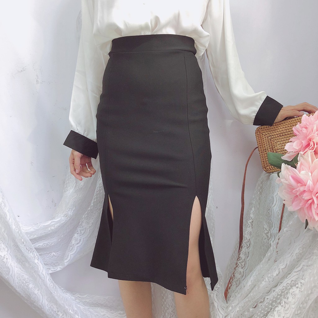 Chân váy công sở dài bigsize xẻ tà màu đen dài 63cm [size từ 48-85kg | BigBuy360 - bigbuy360.vn