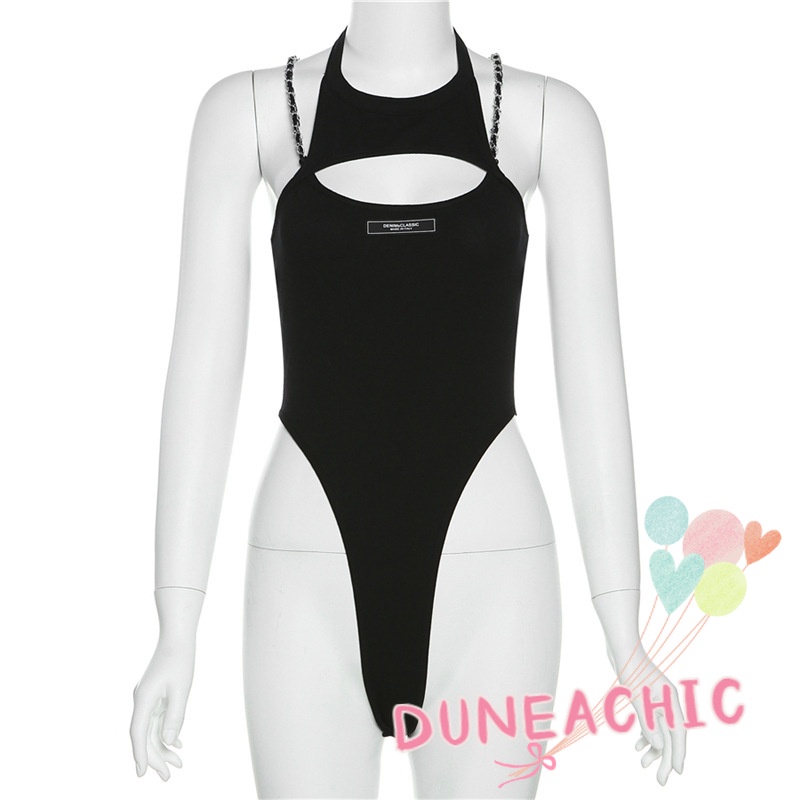 DUNEA Bộ Áo Liền Quần Hở Lưng Phối Dây Xích Gợi Cảm Cho Nữ