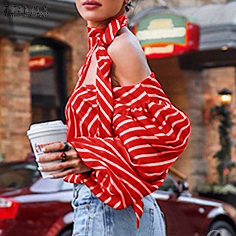 Áo kiểu Zanzea cổ tròn phối trễ vai in họa tiết kẻ sọc thời trang tùy chọn màu sắc cho nữ