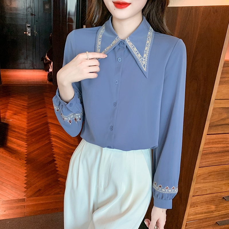 Áo Sơ Mi Cổ Thêu Họa Tiết Phong Cách Vintage Thời Trang Xuân Thu Cho Nữ 2022