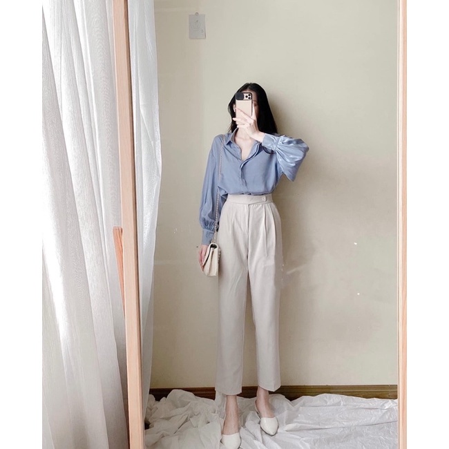 Áo Sơ Mi Lụa Trắng Phom Suông Dài Tay Cổ Đức Công Sở Chất Vải Lụa Trai Mềm Mịn Không Nhăn Nhàu