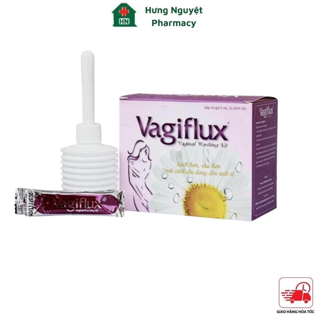 VAGIFLUX Bình rửa vệ sinh phụ nữ gồm 1 bình rửa và 10 gói muối, tạo thành dung dịch vệ sinh rửa phụ khoa sâu