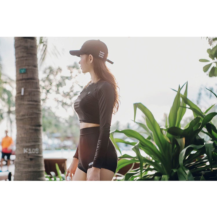Bikini, Bộ Đồ bơi nữ áo tắm hai mảnh dài tay R cá tính chất thun lạnh hàn quốc quần đùi cạp cao che bụng kín đáo