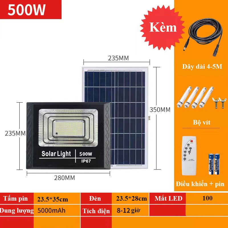 Đèn LED Ngoài Trời, Đèn Năng Lượng Mặt Trời Sân Vườn 500W Chống Nước Tiết Kiệm Điện