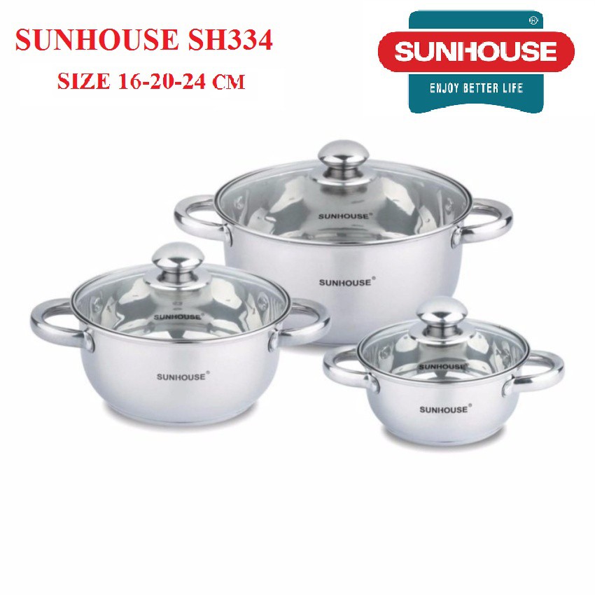 [FREE SHIP 70K] Bộ 3 Nồi inox 3 đáy Sunhouse SH334 Cam Kết Chính Hãng có ảnh thật