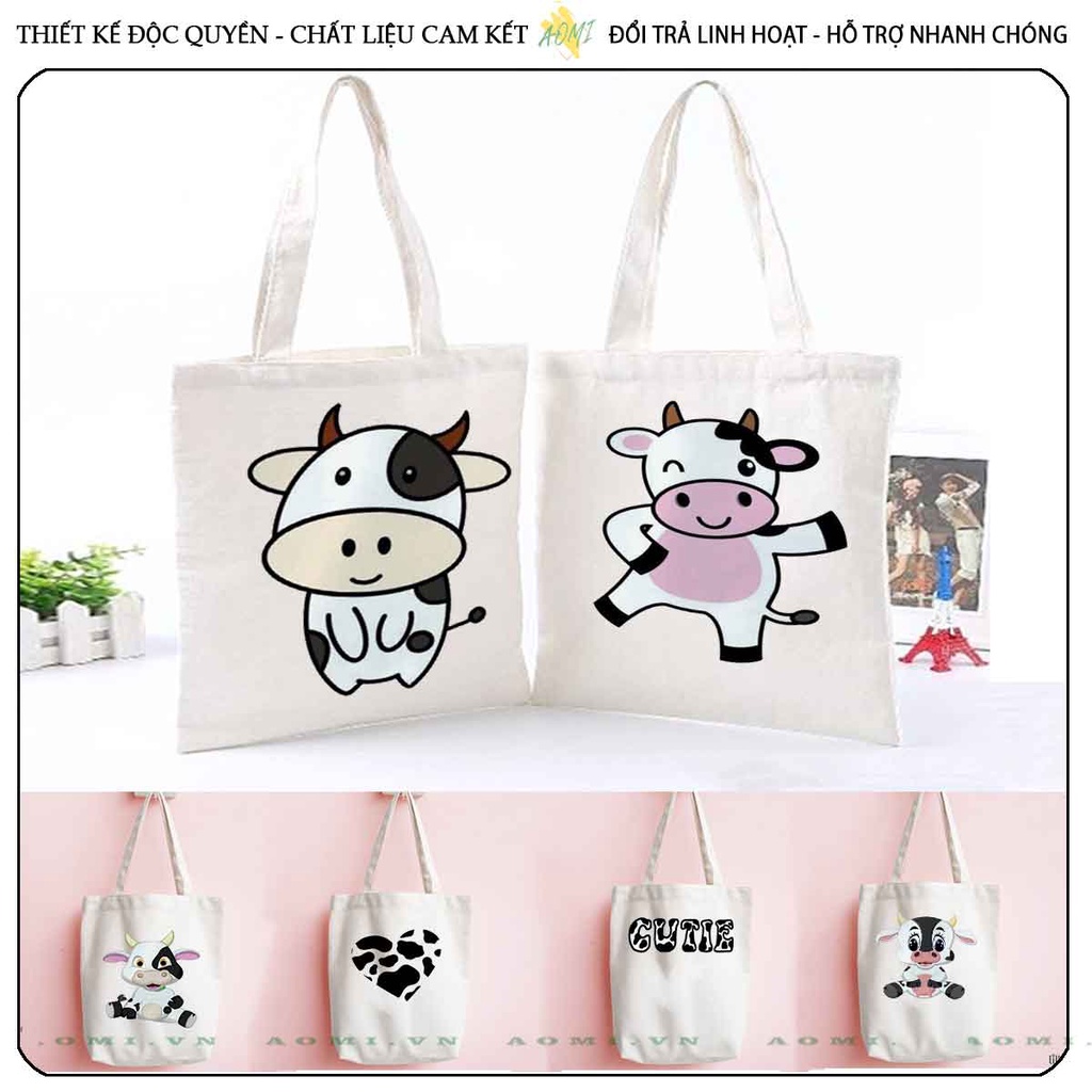 TOTE CANVAS bò sữa milk TÚI VẢI ĐEO VAI BAG CÓ KHÓA KÉO SIZE LỚN 33x38cm AOMIVN DU LỊCH DẠO PHỐ